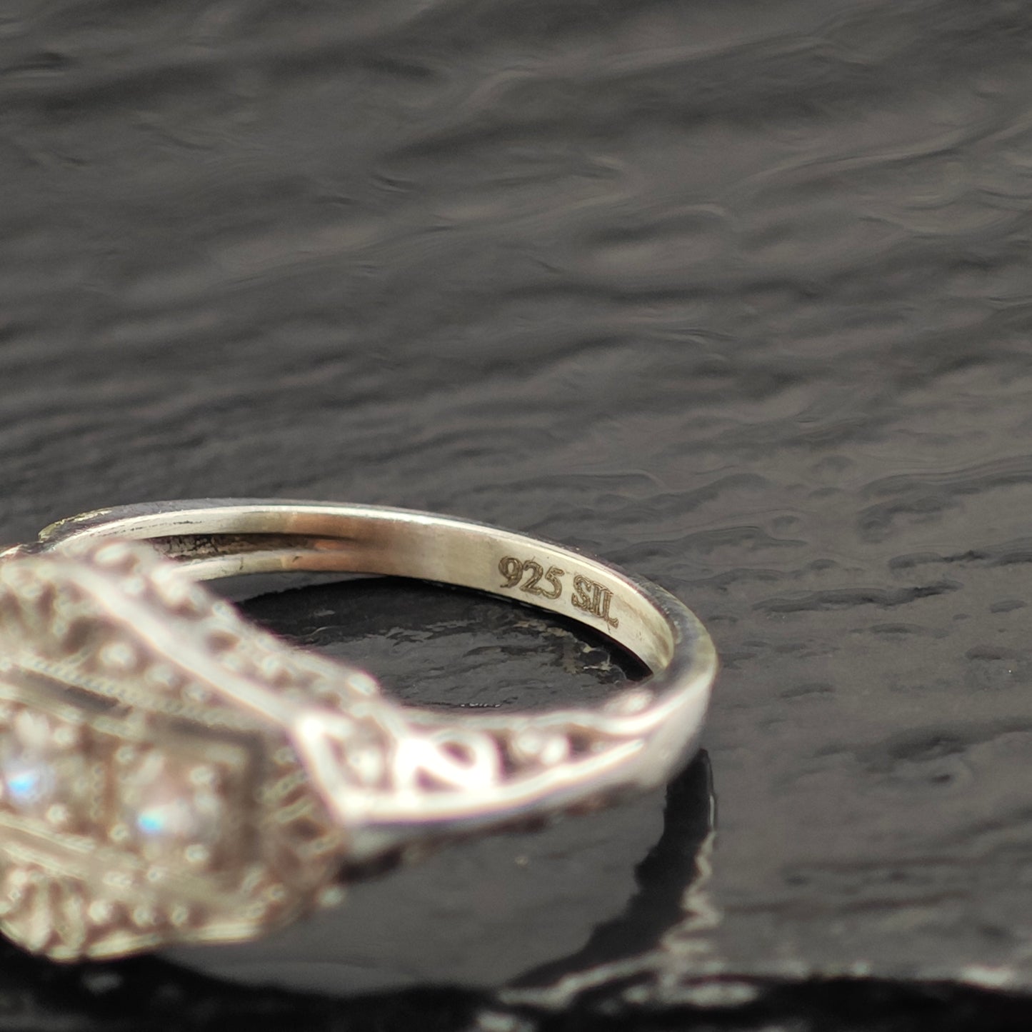 Art Deco Style CZ Filigree Sterling Silver Ring Sz 8 R6506