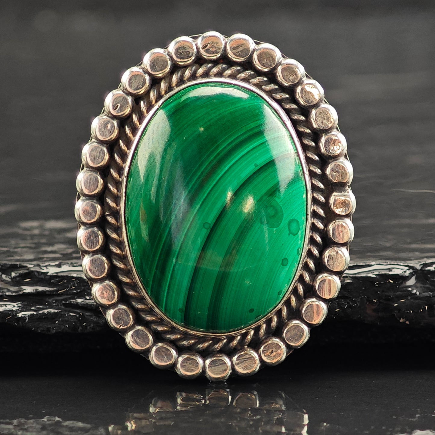 Running Bear Malachite Sterling Silver Ring Sz 6 3/4 R6508
