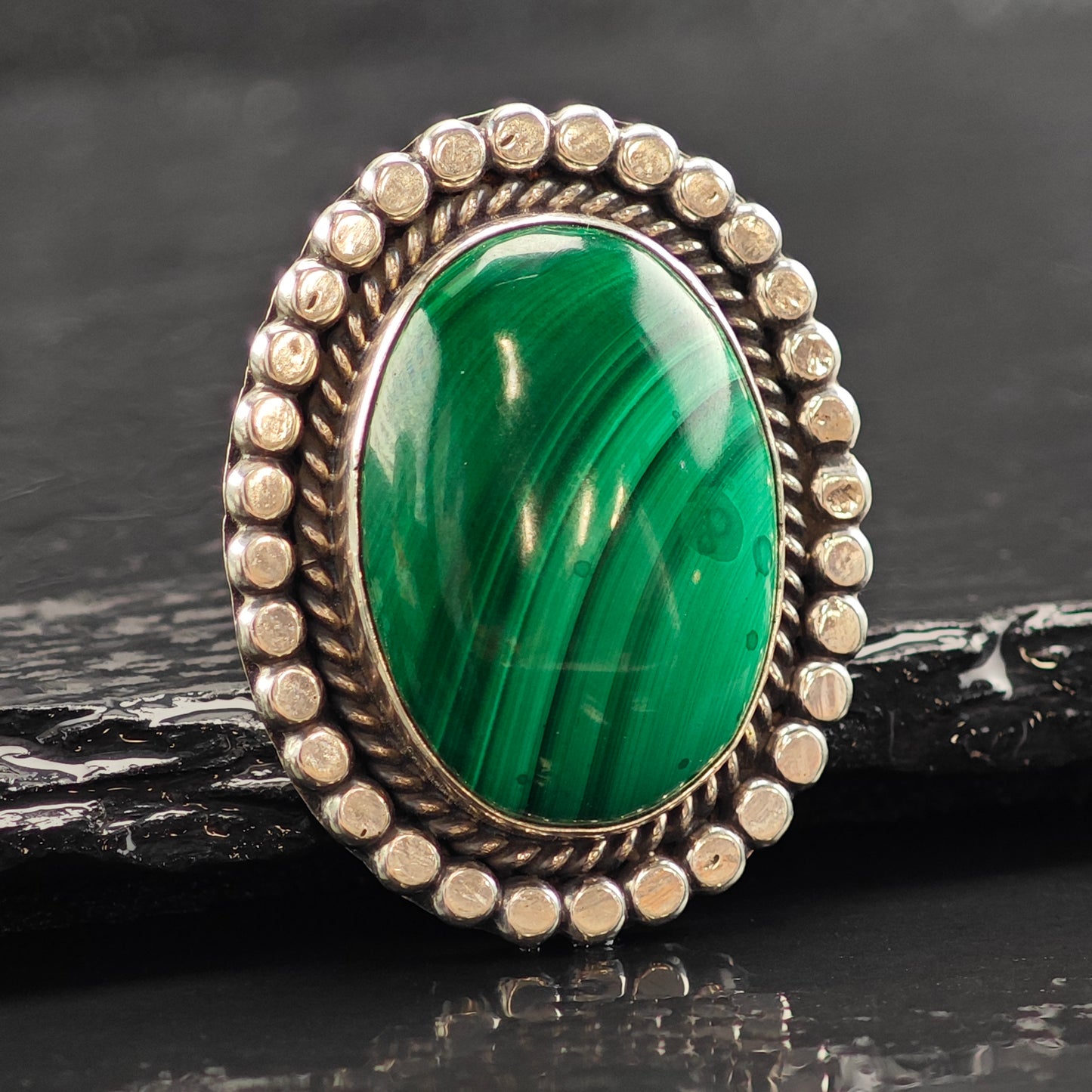 Running Bear Malachite Sterling Silver Ring Sz 6 3/4 R6508