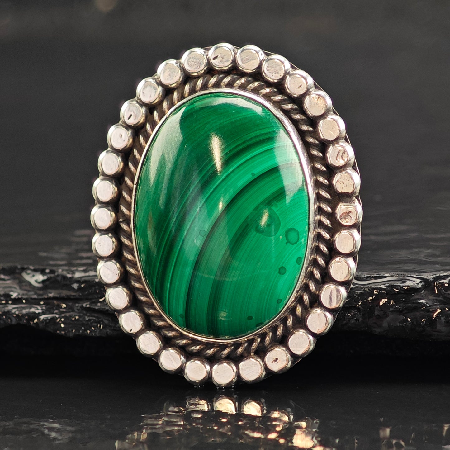 Running Bear Malachite Sterling Silver Ring Sz 6 3/4 R6508