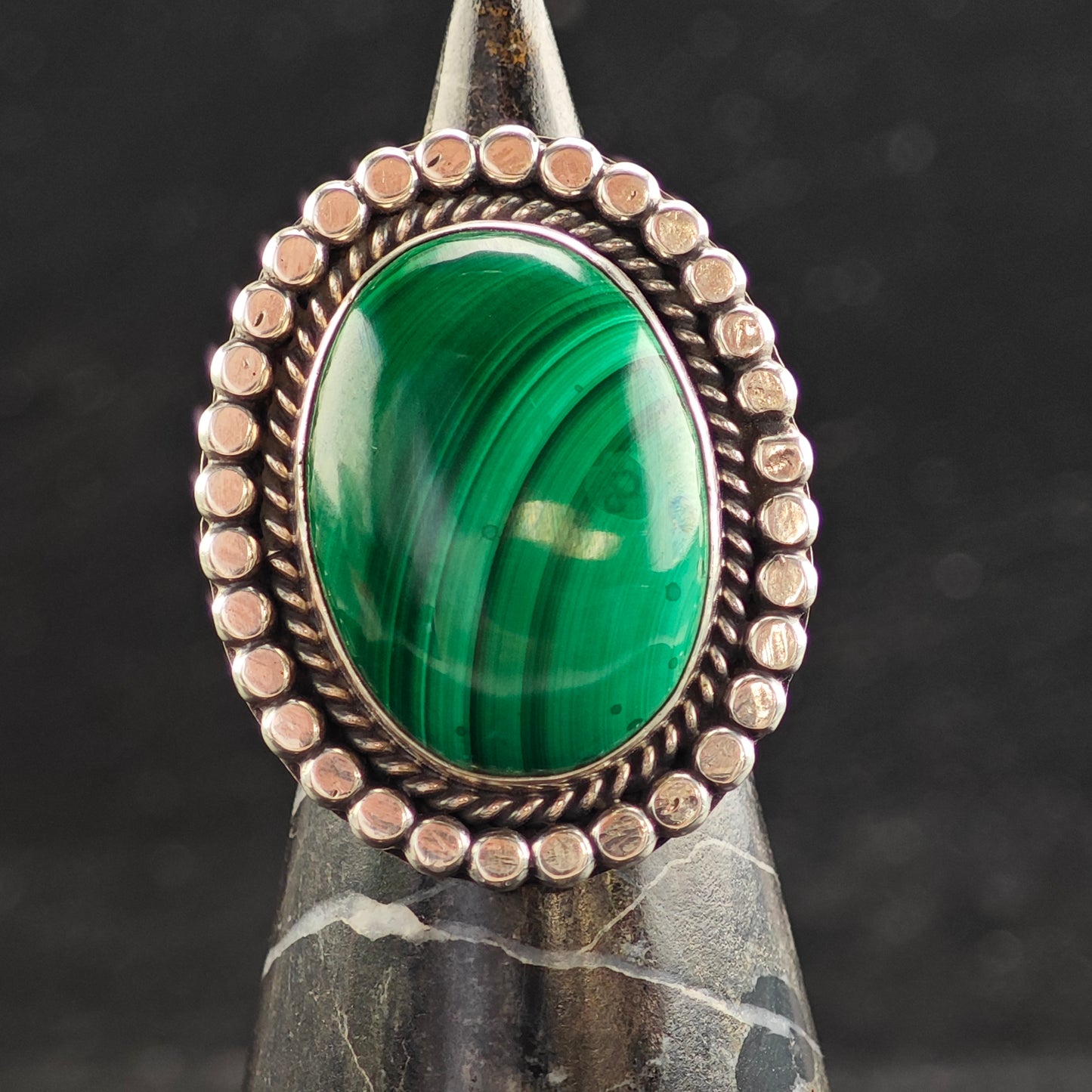 Running Bear Malachite Sterling Silver Ring Sz 6 3/4 R6508