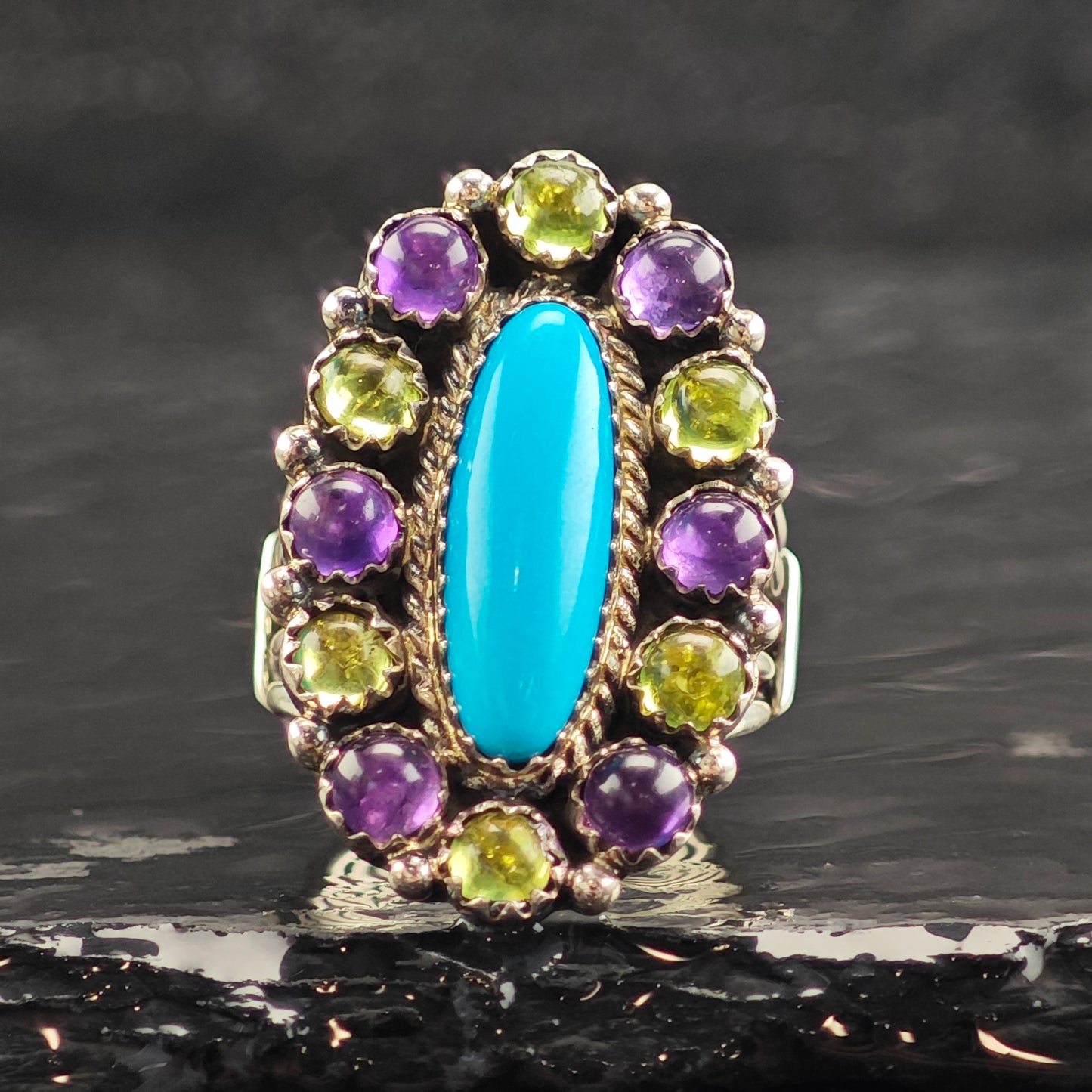 Running Bear Turquoise, Amethyst & Peridot Sterling Silver Ring Sz 6 3/4 R6511