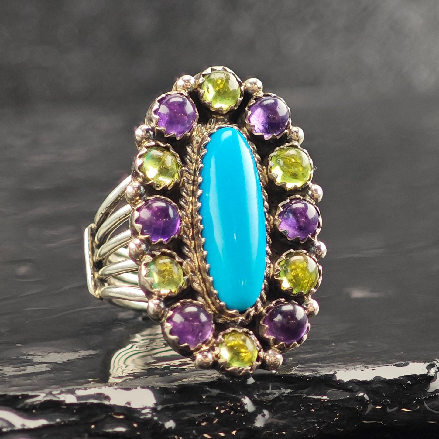 Running Bear Turquoise, Amethyst & Peridot Sterling Silver Ring Sz 6 3/4 R6511