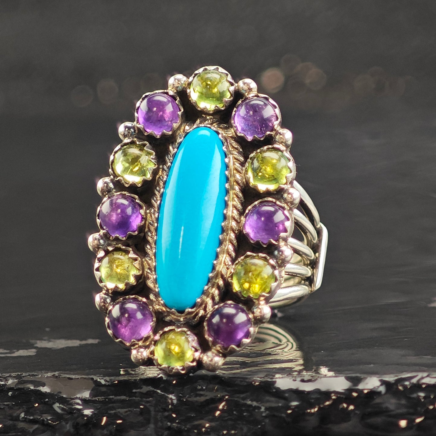 Running Bear Turquoise, Amethyst & Peridot Sterling Silver Ring Sz 6 3/4 R6511