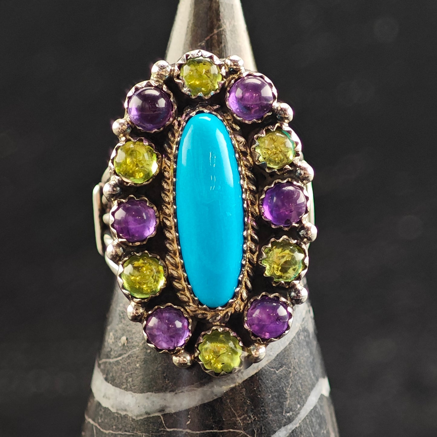 Running Bear Turquoise, Amethyst & Peridot Sterling Silver Ring Sz 6 3/4 R6511
