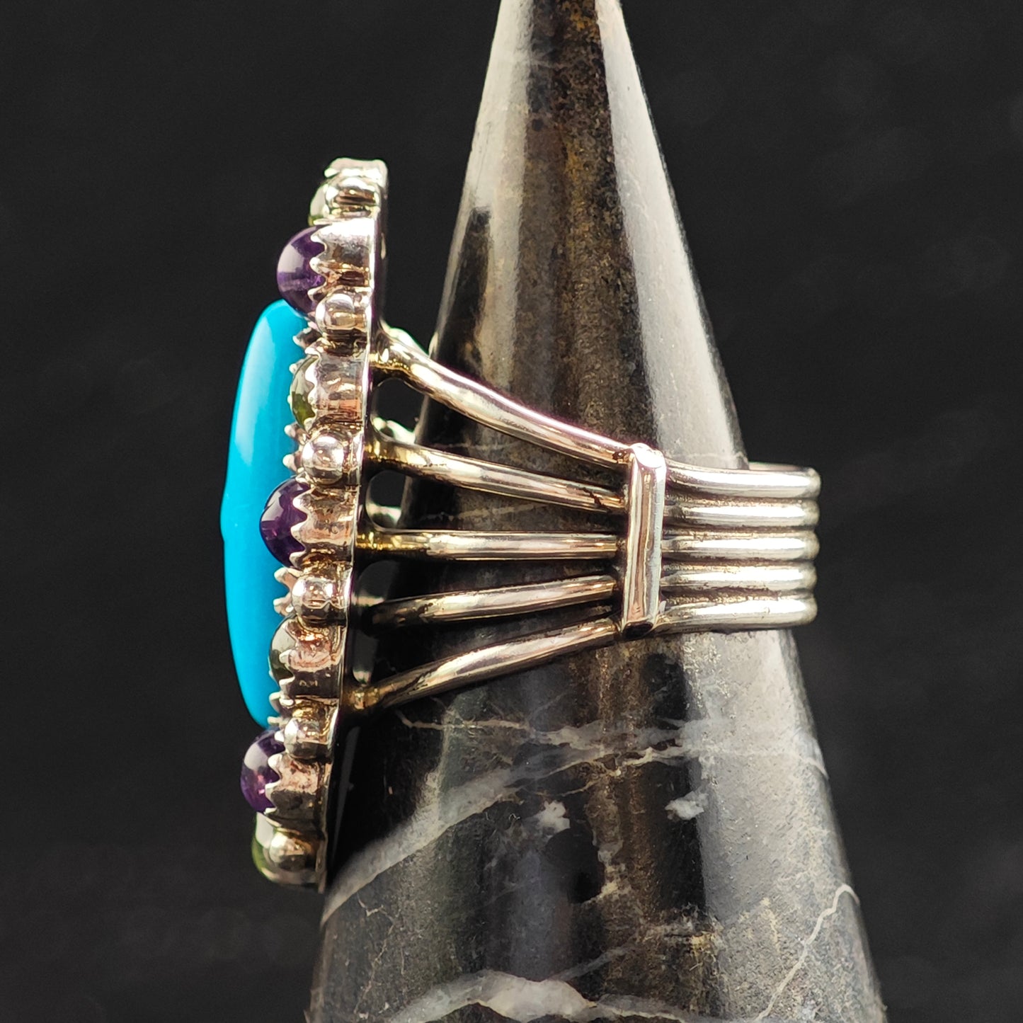 Running Bear Turquoise, Amethyst & Peridot Sterling Silver Ring Sz 6 3/4 R6511
