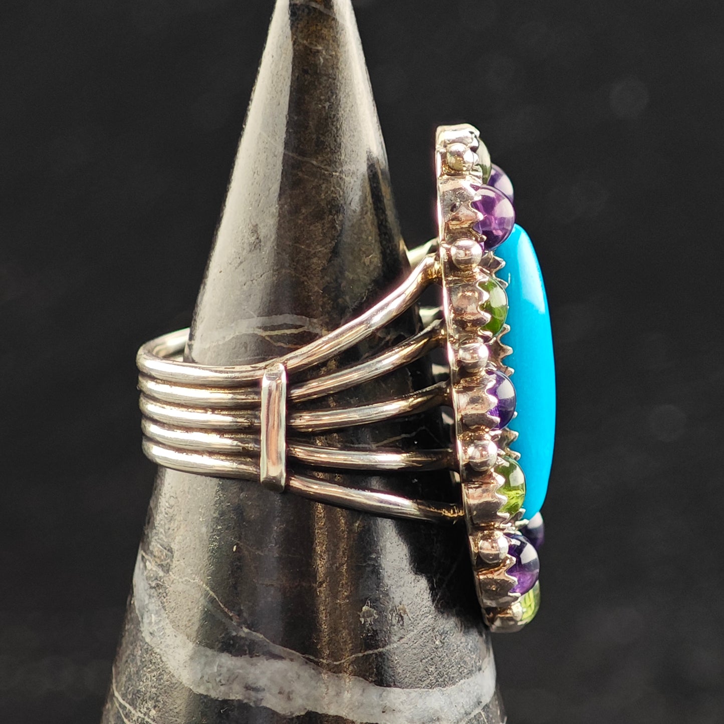 Running Bear Turquoise, Amethyst & Peridot Sterling Silver Ring Sz 6 3/4 R6511