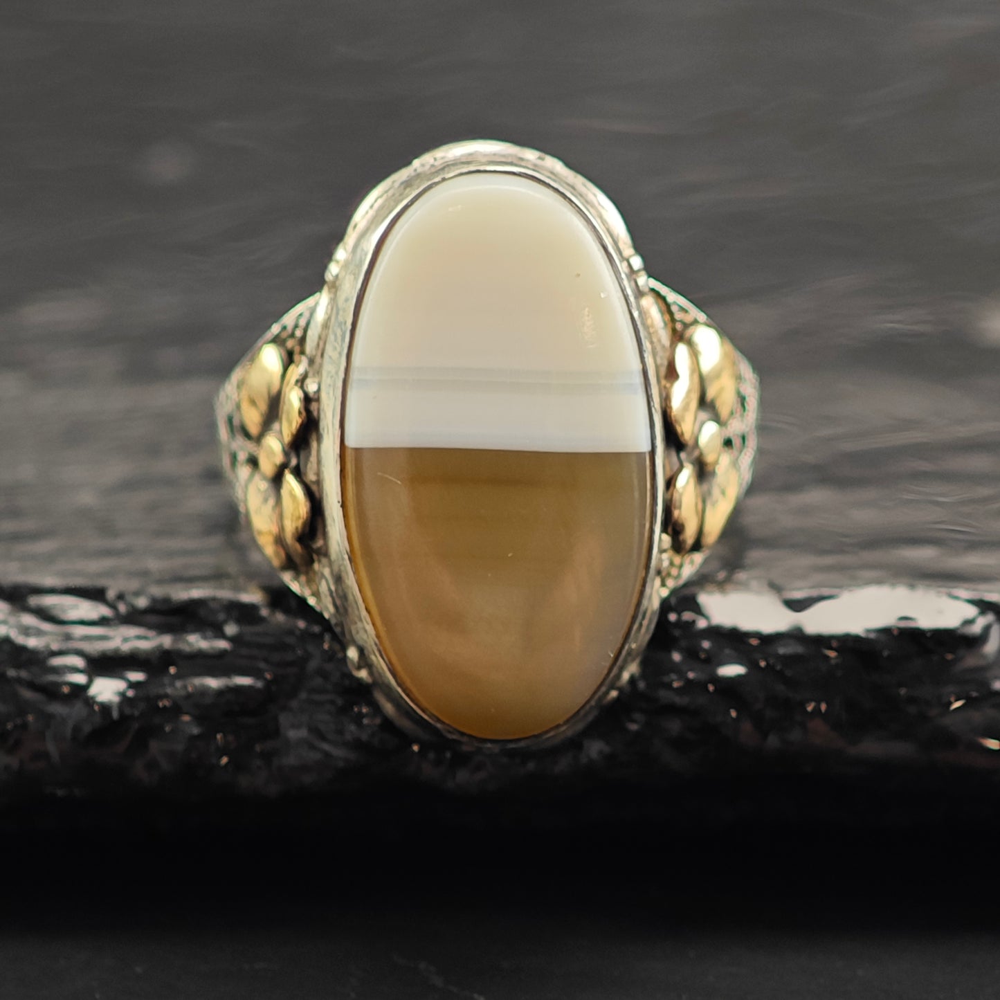Art Nouveau Agate Gold Accent Sterling Silver Ring Sz 6 R6512