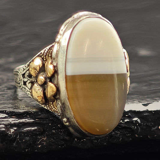 Art Nouveau Agate Gold Accent Sterling Silver Ring Sz 6 R6512
