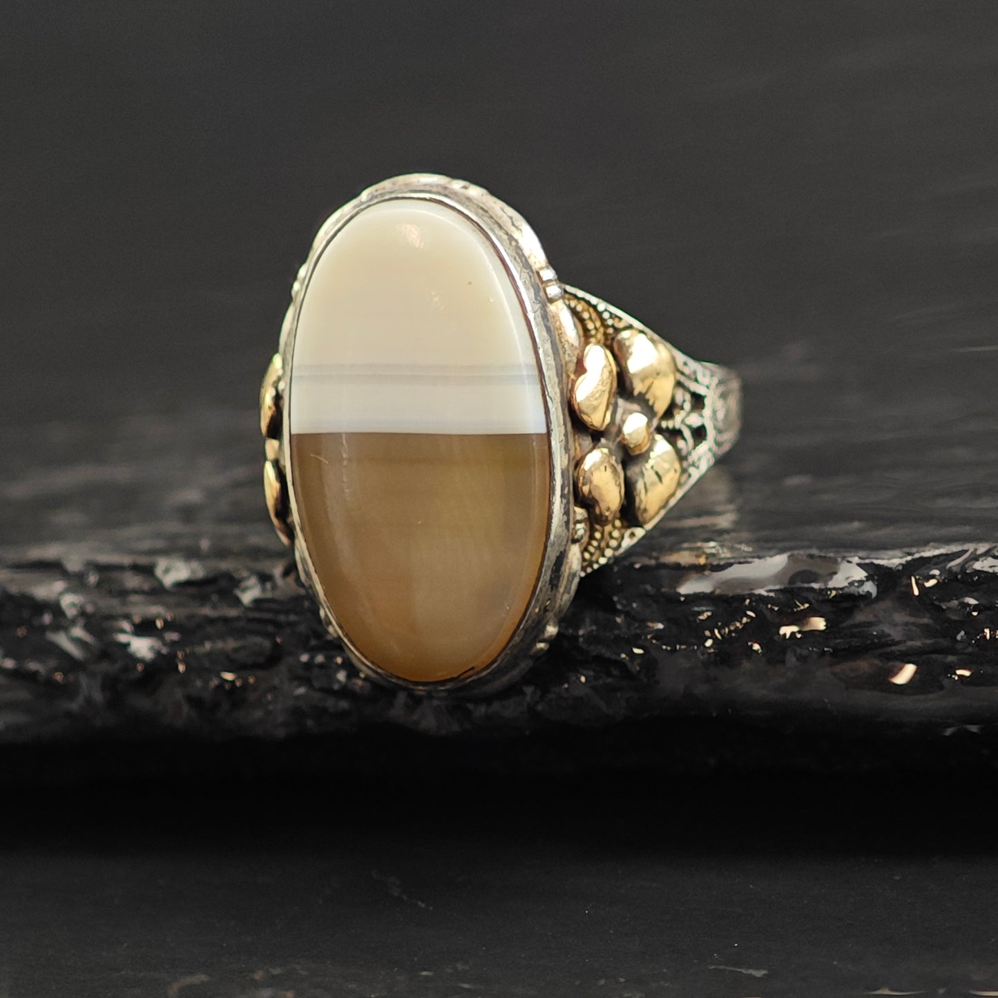 Art Nouveau Agate Gold Accent Sterling Silver Ring Sz 6 R6512