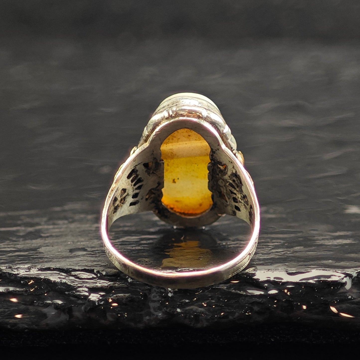 Art Nouveau Agate Gold Accent Sterling Silver Ring Sz 6 R6512