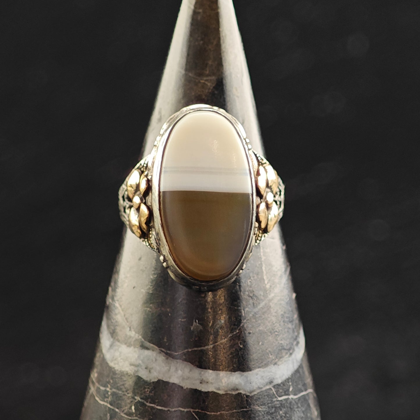 Art Nouveau Agate Gold Accent Sterling Silver Ring Sz 6 R6512