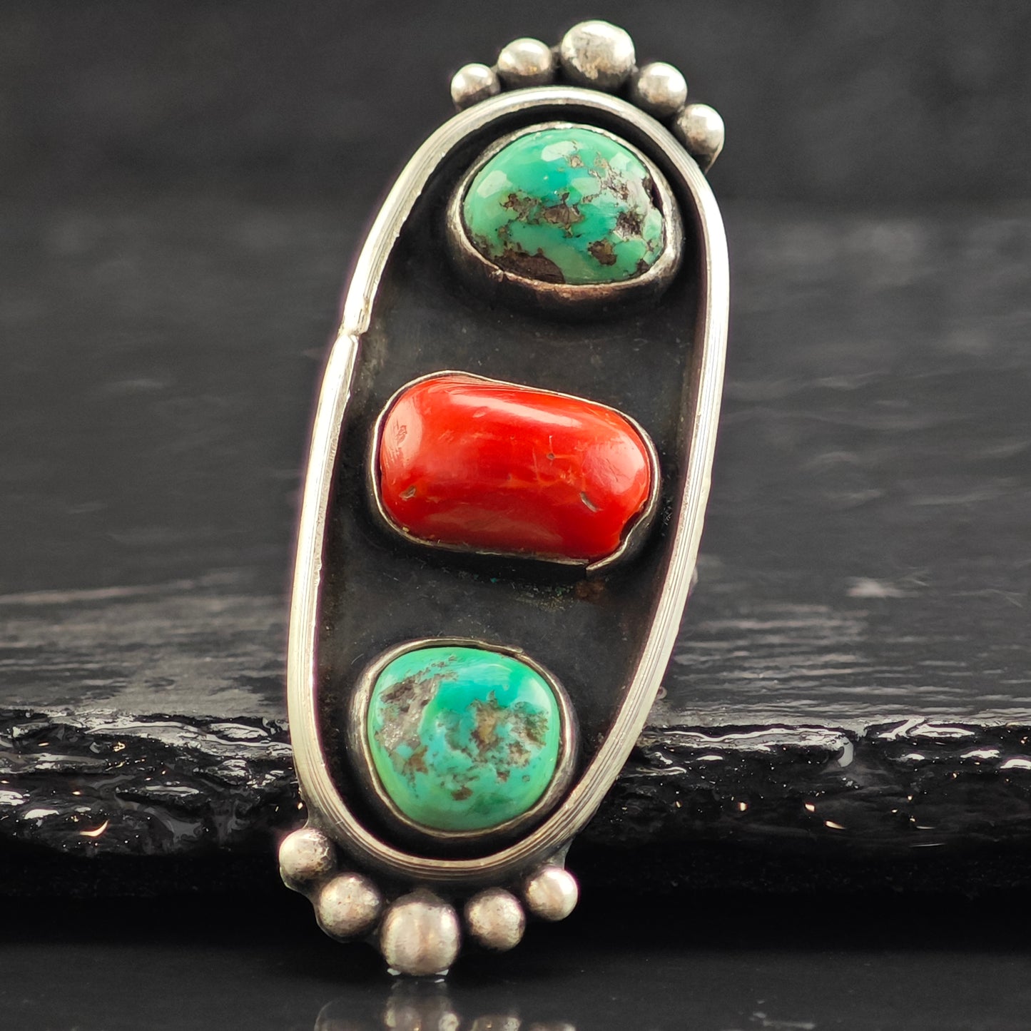 SW Turquoise & Coral Trio Sterling Silver Ring Sz 6 3/4 R6514