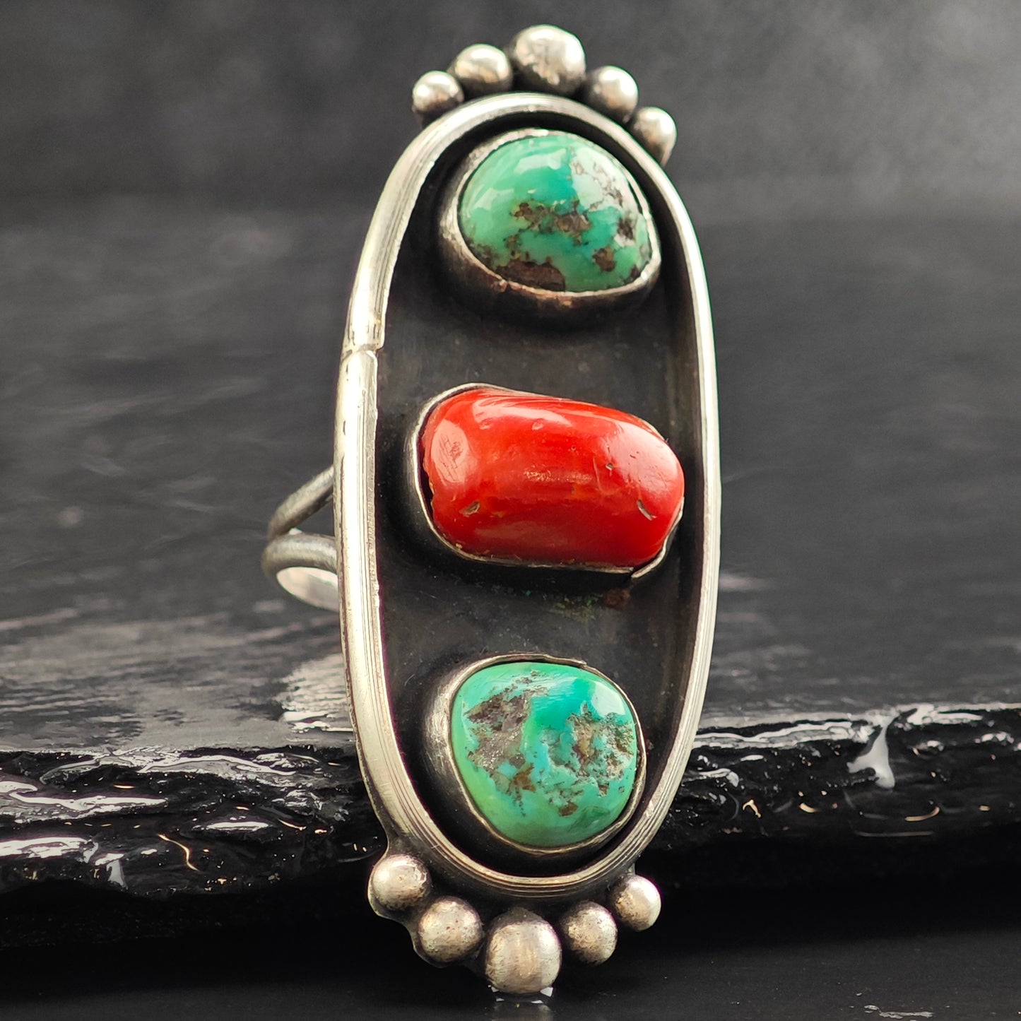 SW Turquoise & Coral Trio Sterling Silver Ring Sz 6 3/4 R6514