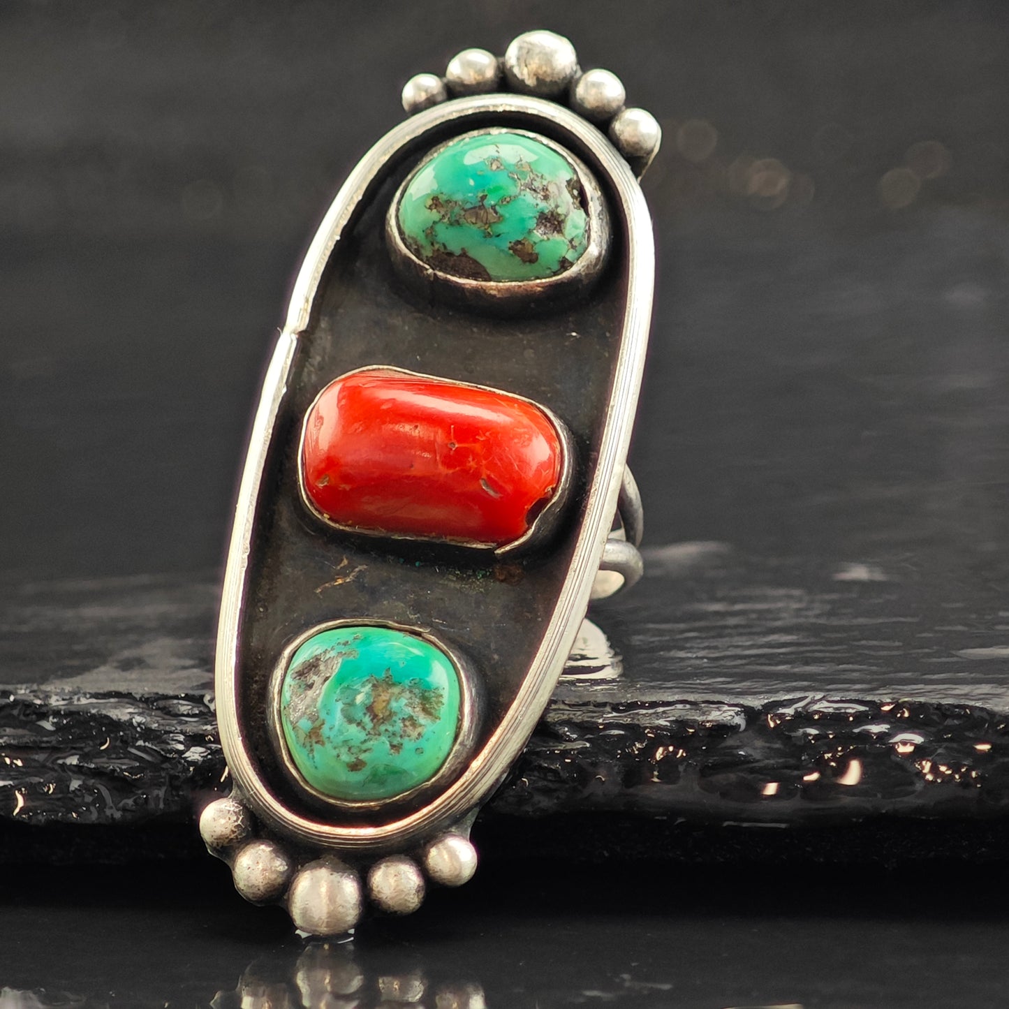 SW Turquoise & Coral Trio Sterling Silver Ring Sz 6 3/4 R6514
