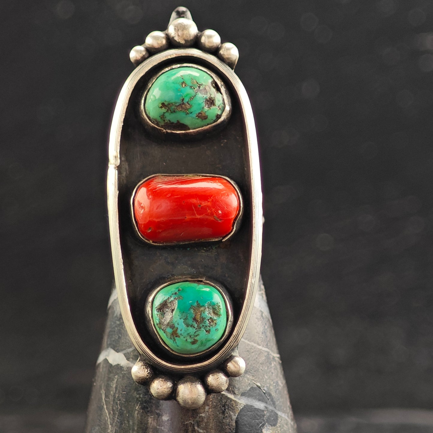 SW Turquoise & Coral Trio Sterling Silver Ring Sz 6 3/4 R6514