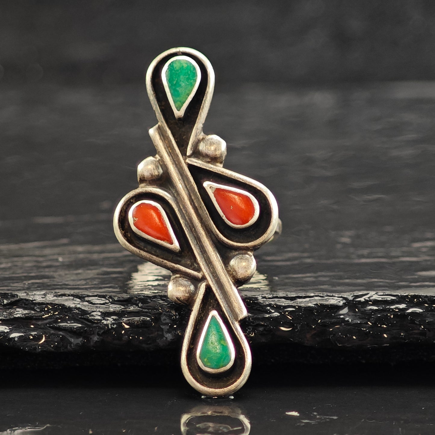 Zuni Turquoise & Coral Teardrop Sterling Silver Ring Sz 7 R6515
