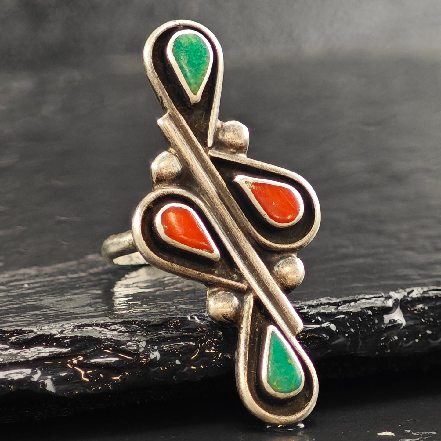 Zuni Turquoise & Coral Teardrop Sterling Silver Ring Sz 7 R6515