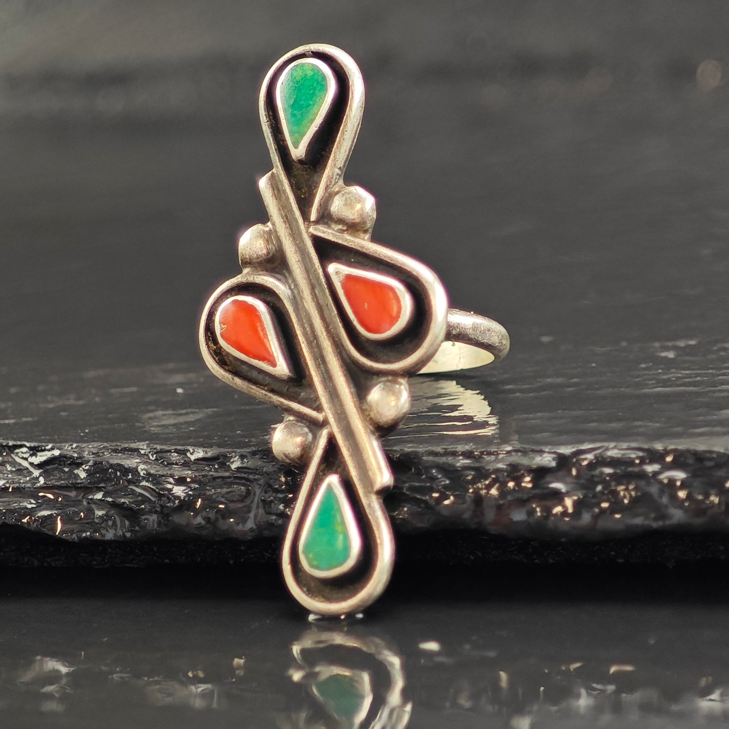 Zuni Turquoise & Coral Teardrop Sterling Silver Ring Sz 7 R6515