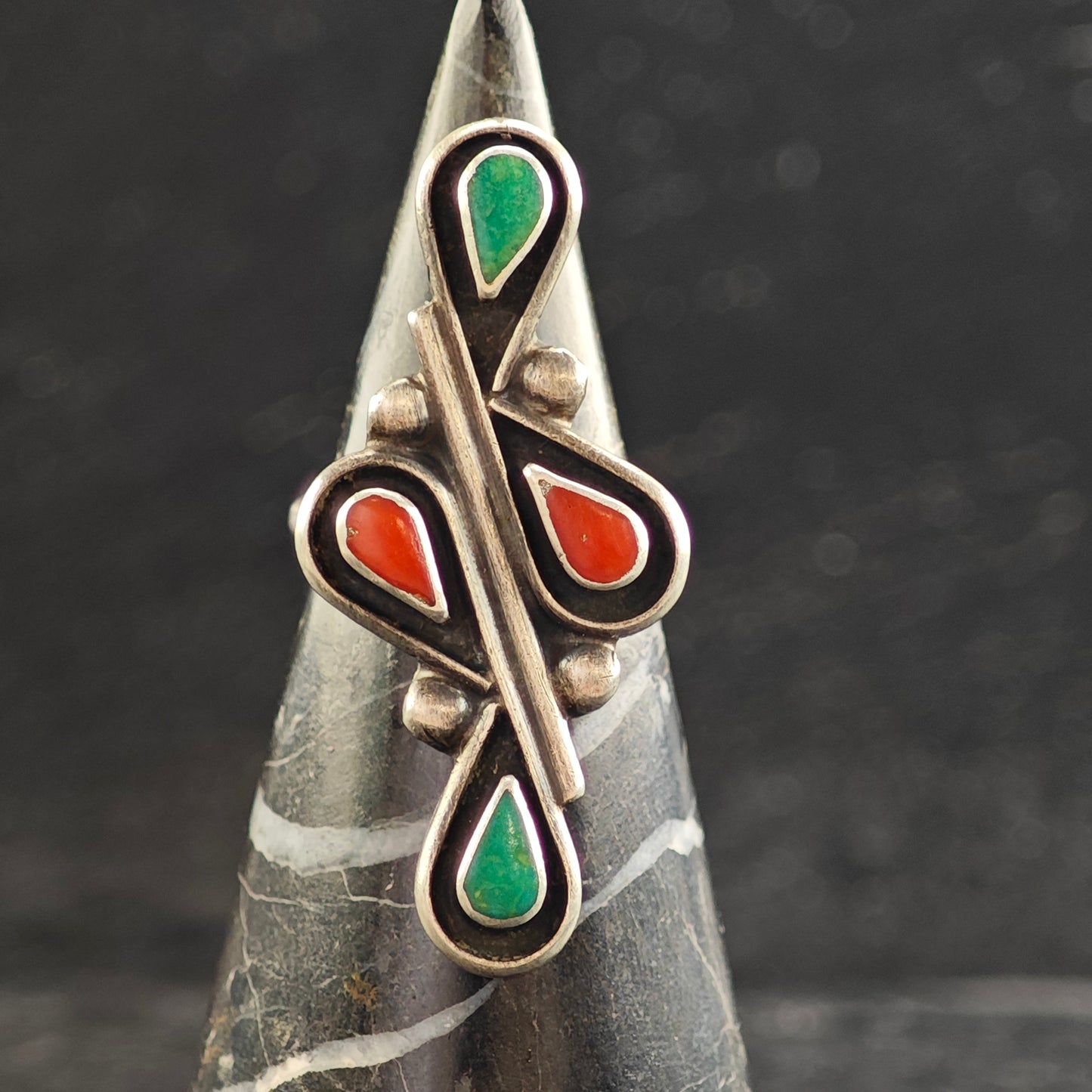 Zuni Turquoise & Coral Teardrop Sterling Silver Ring Sz 7 R6515
