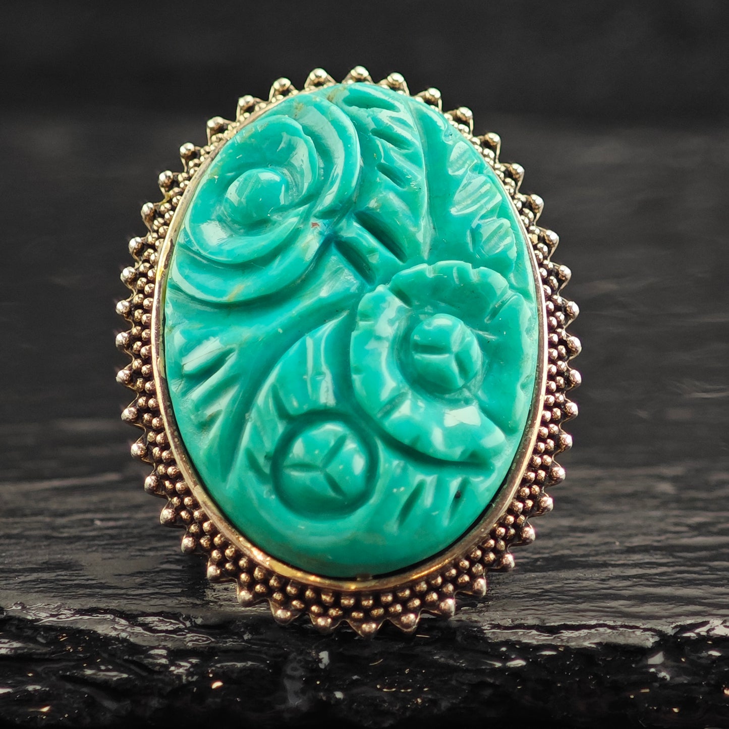 Amy Kahn Russell Floral Carved Turquoise Sterling Silver Ring Sz 6 R6516