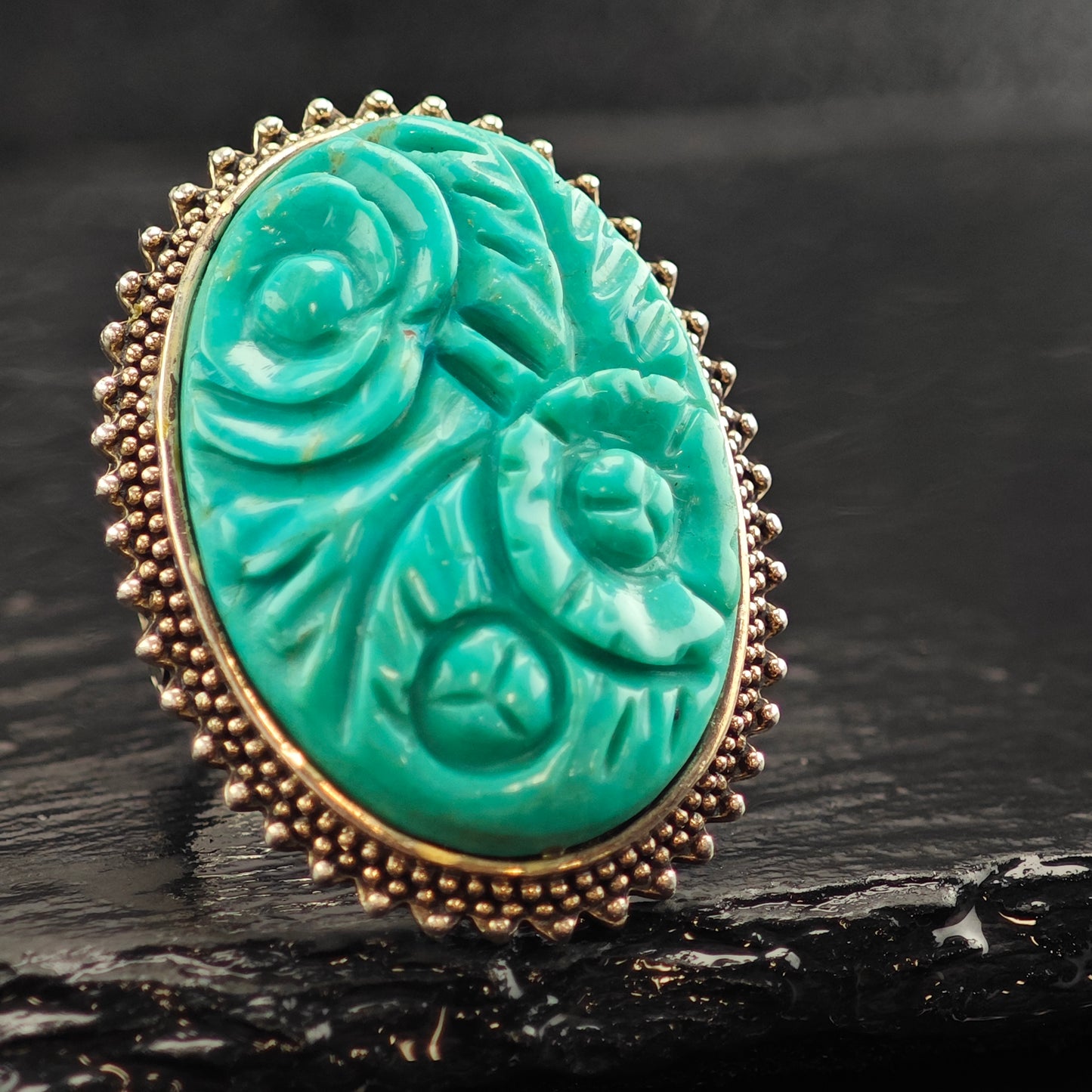 Amy Kahn Russell Floral Carved Turquoise Sterling Silver Ring Sz 6 R6516