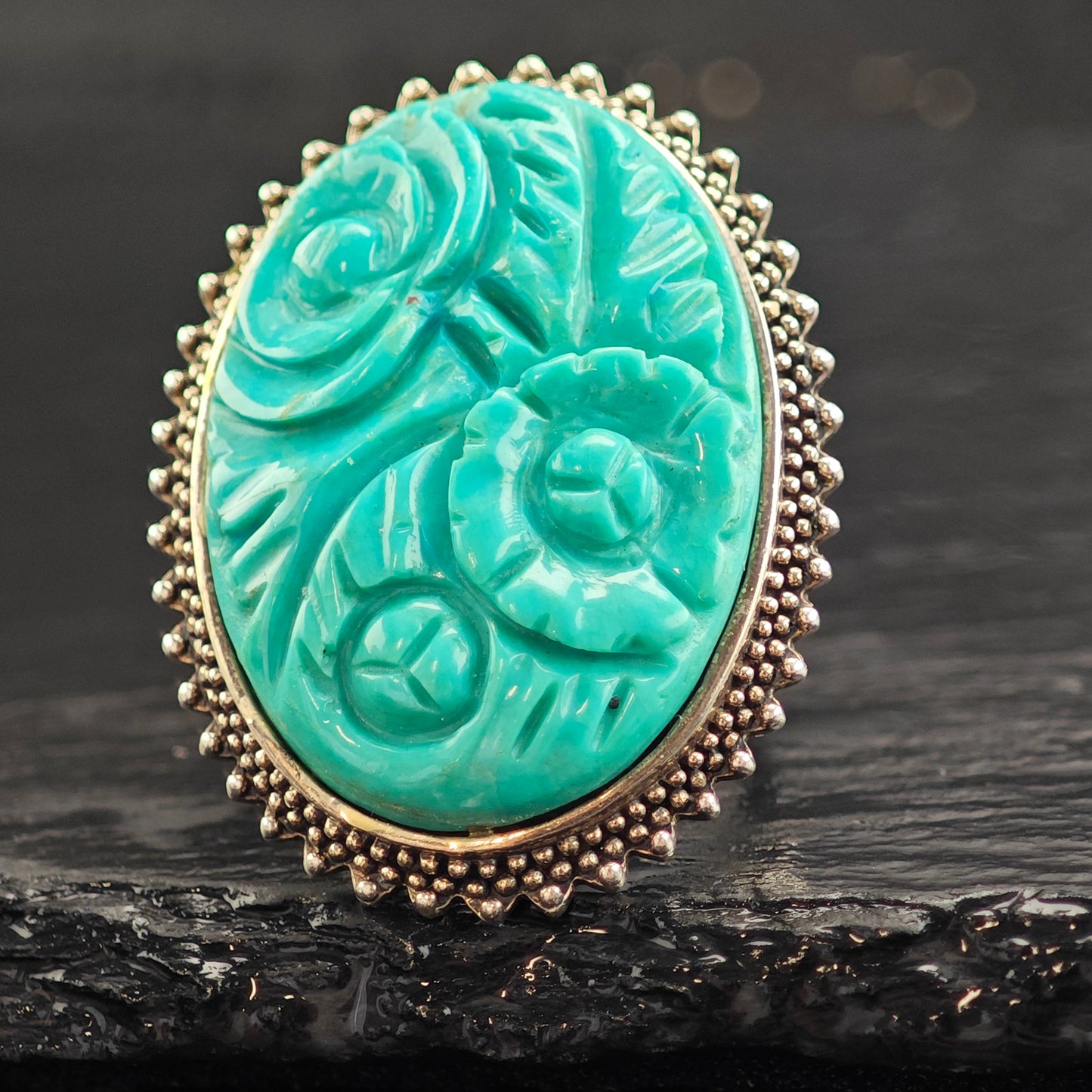 Amy Kahn Russell Floral Carved Turquoise Sterling Silver Ring Sz 6 R6516