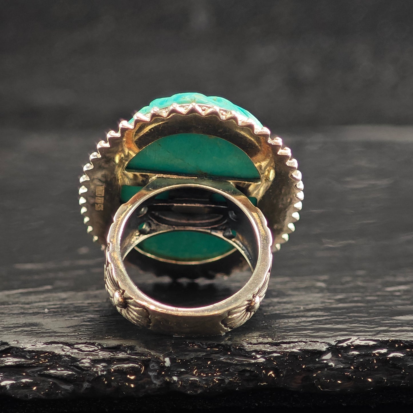 Amy Kahn Russell Floral Carved Turquoise Sterling Silver Ring Sz 6 R6516