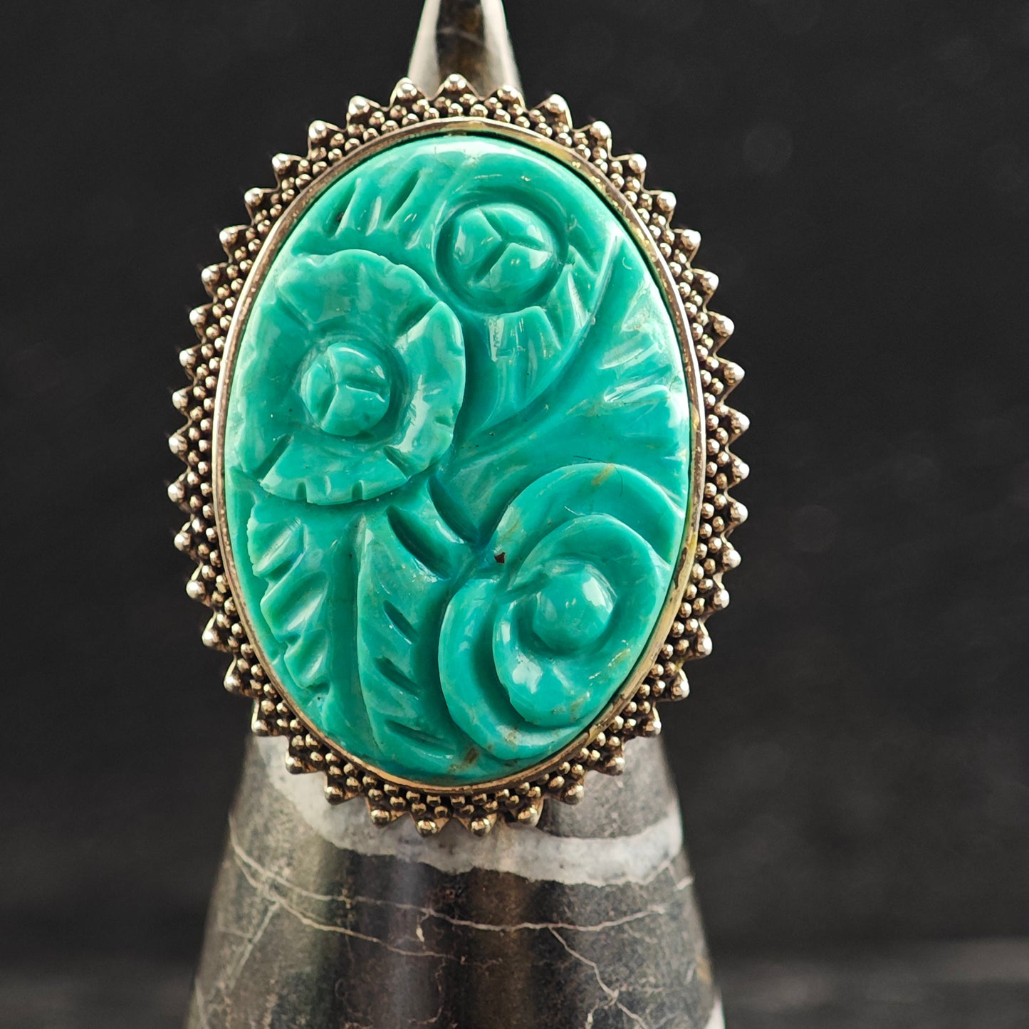 Amy Kahn Russell Floral Carved Turquoise Sterling Silver Ring Sz 6 R6516