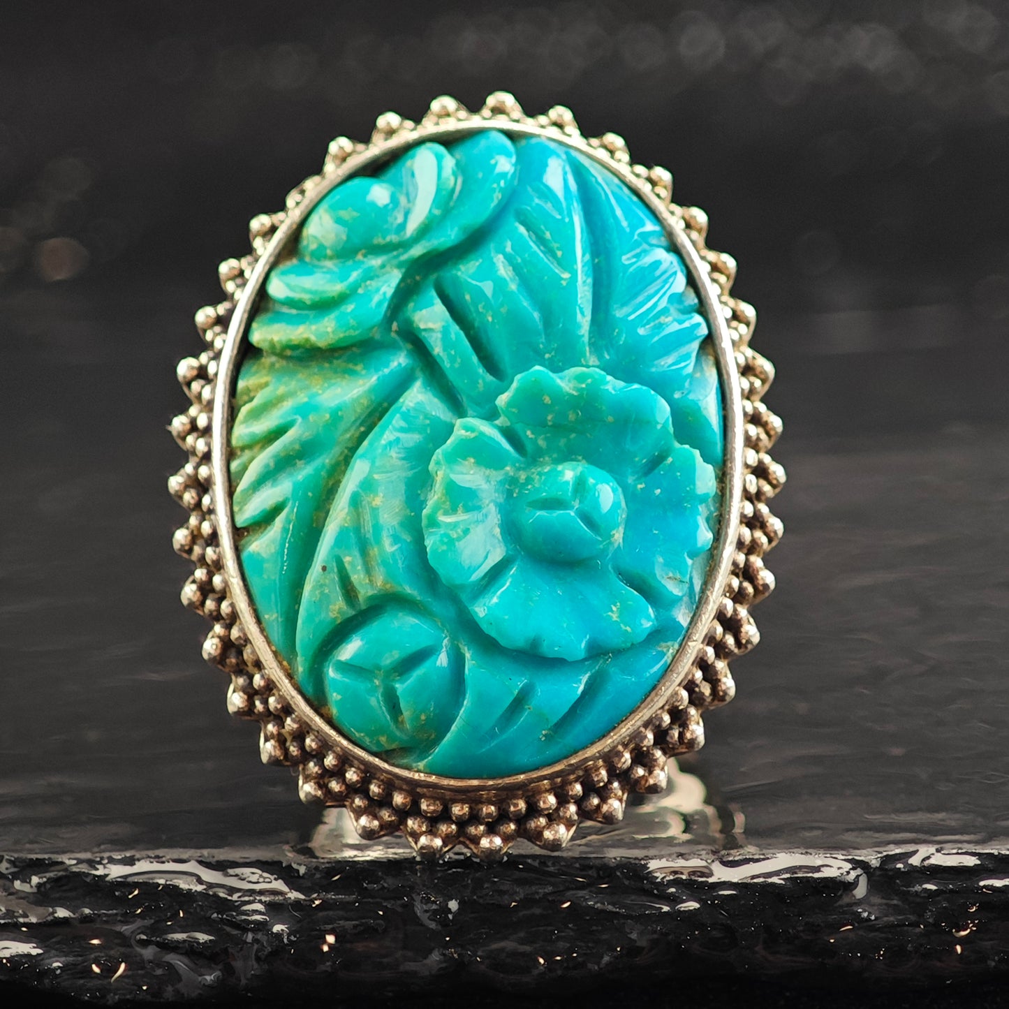 Amy Kahn Russell Floral Carved Turquoise Sterling Silver Ring Sz 10 3/4 R6517