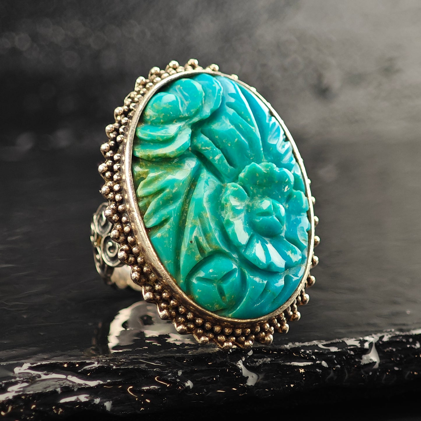 Amy Kahn Russell Floral Carved Turquoise Sterling Silver Ring Sz 10 3/4 R6517
