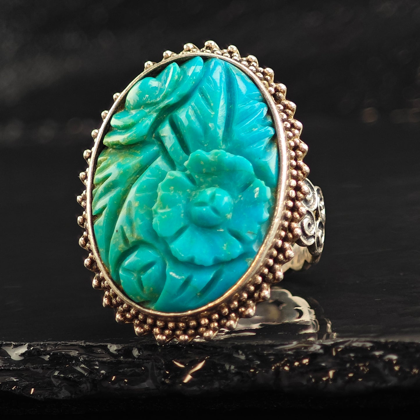 Amy Kahn Russell Floral Carved Turquoise Sterling Silver Ring Sz 10 3/4 R6517