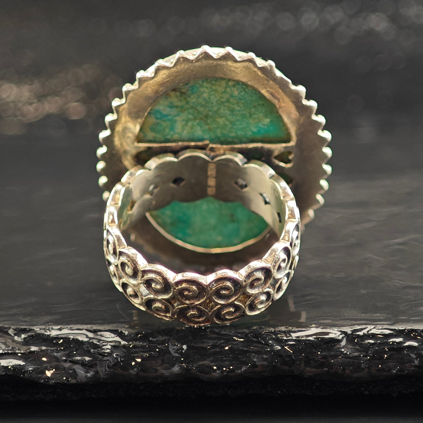 Amy Kahn Russell Floral Carved Turquoise Sterling Silver Ring Sz 10 3/4 R6517