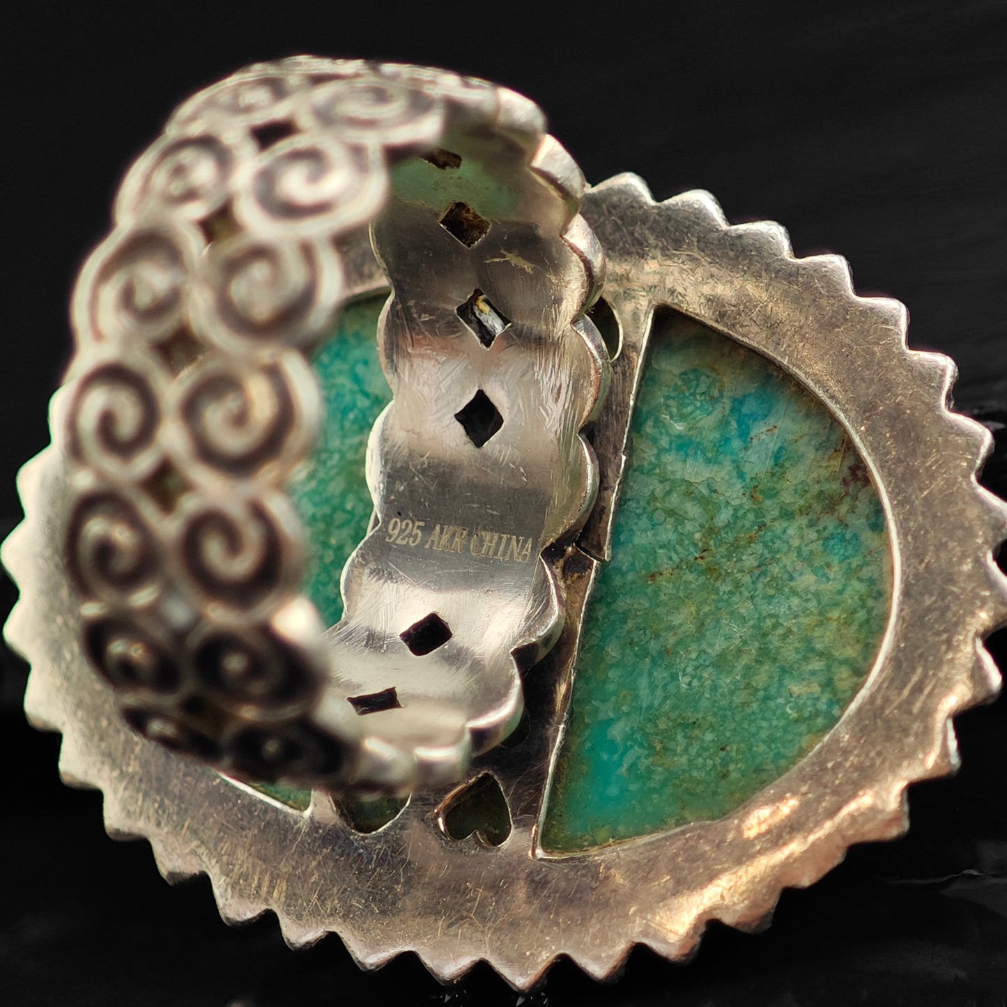 Amy Kahn Russell Floral Carved Turquoise Sterling Silver Ring Sz 10 3/4 R6517