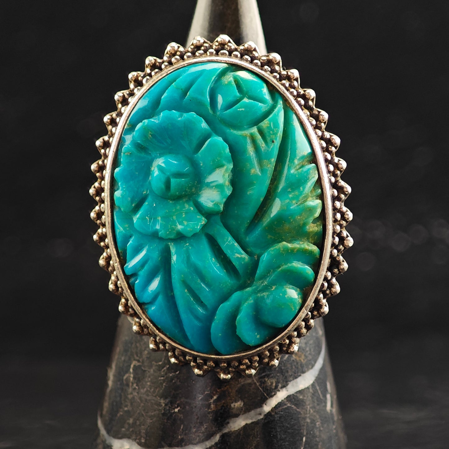 Amy Kahn Russell Floral Carved Turquoise Sterling Silver Ring Sz 10 3/4 R6517