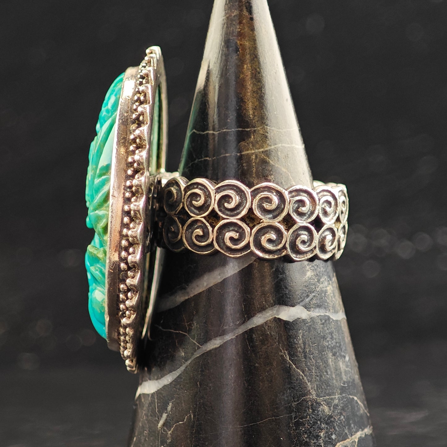 Amy Kahn Russell Floral Carved Turquoise Sterling Silver Ring Sz 10 3/4 R6517