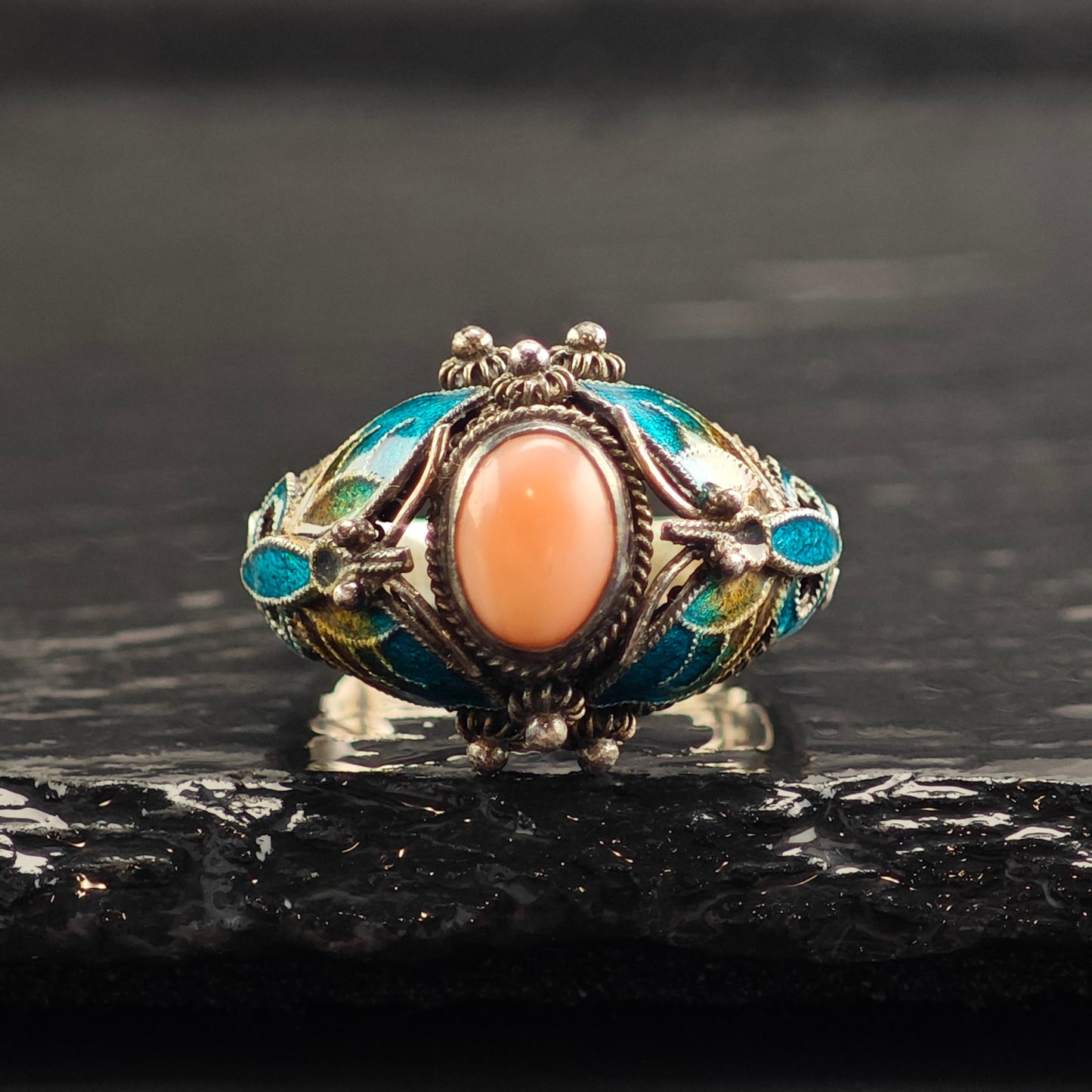 Enamel Butterfly Coral Sterling Silver Ring Sz 7 R6520