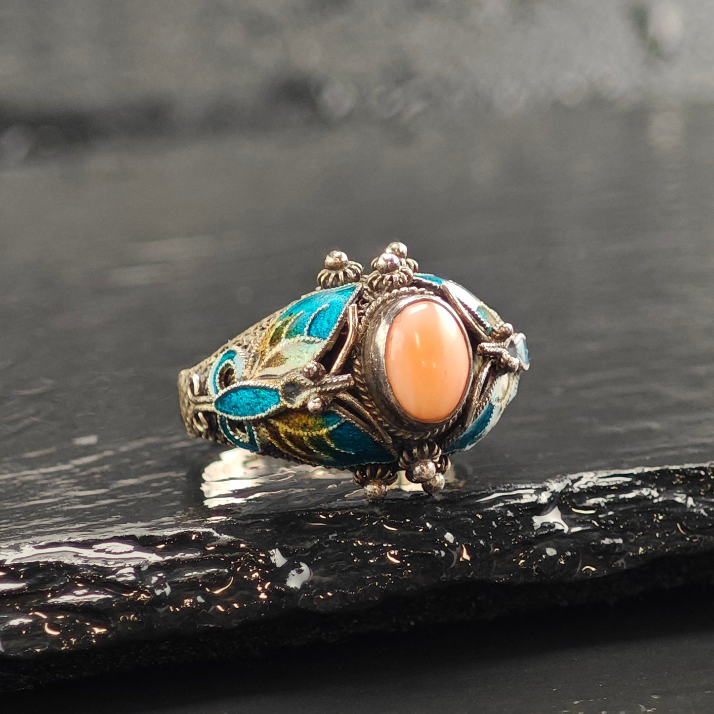 Enamel Butterfly Coral Sterling Silver Ring Sz 7 R6520