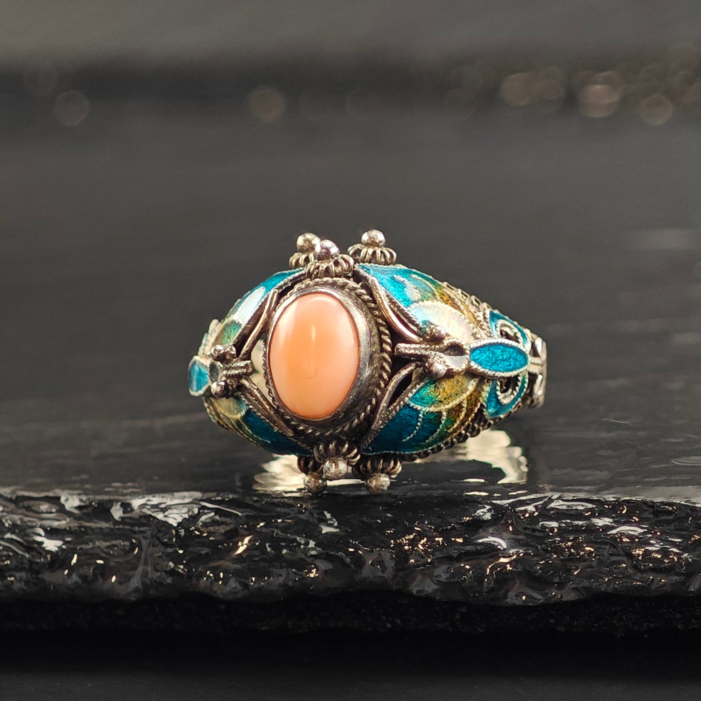 Enamel Butterfly Coral Sterling Silver Ring Sz 7 R6520