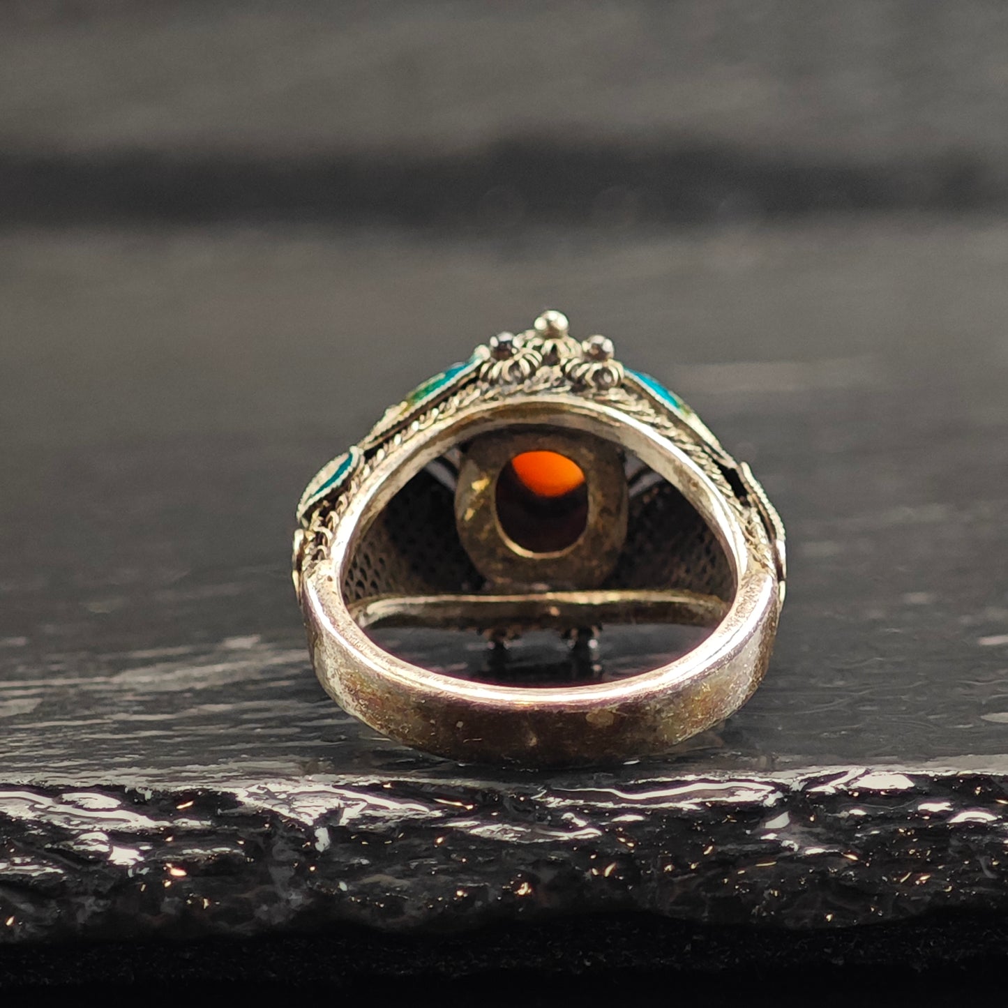 Enamel Butterfly Coral Sterling Silver Ring Sz 7 R6520