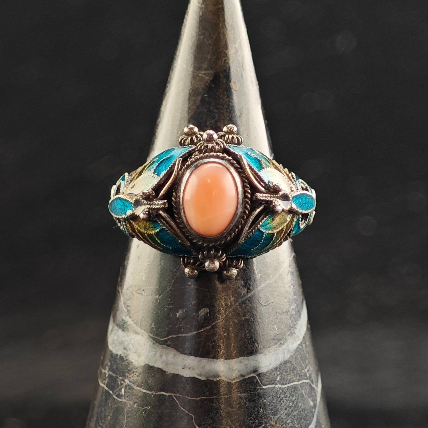 Enamel Butterfly Coral Sterling Silver Ring Sz 7 R6520