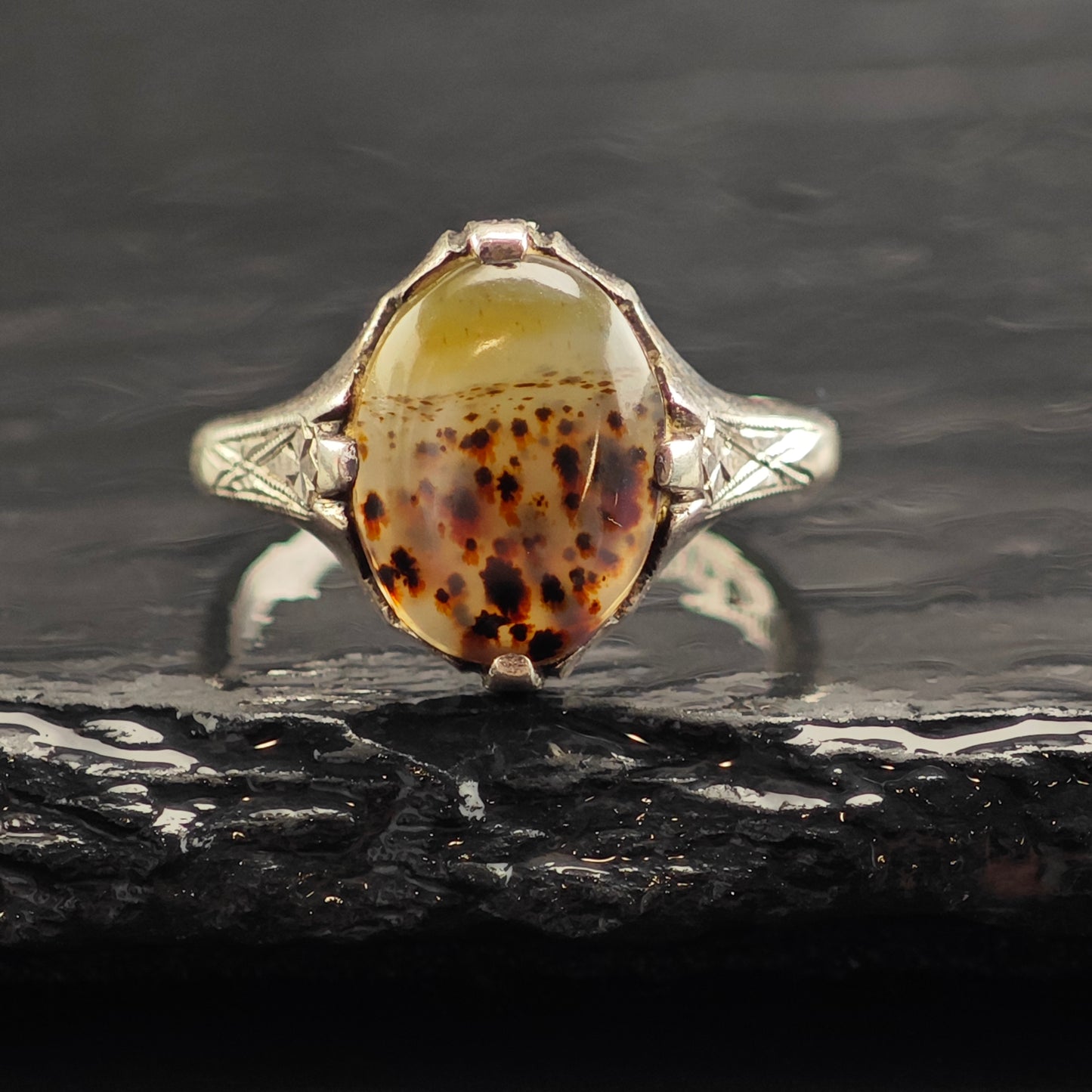 Art Nouveau Dendritic Agate Sterling Silver Ring Sz 6 1/2 R6523