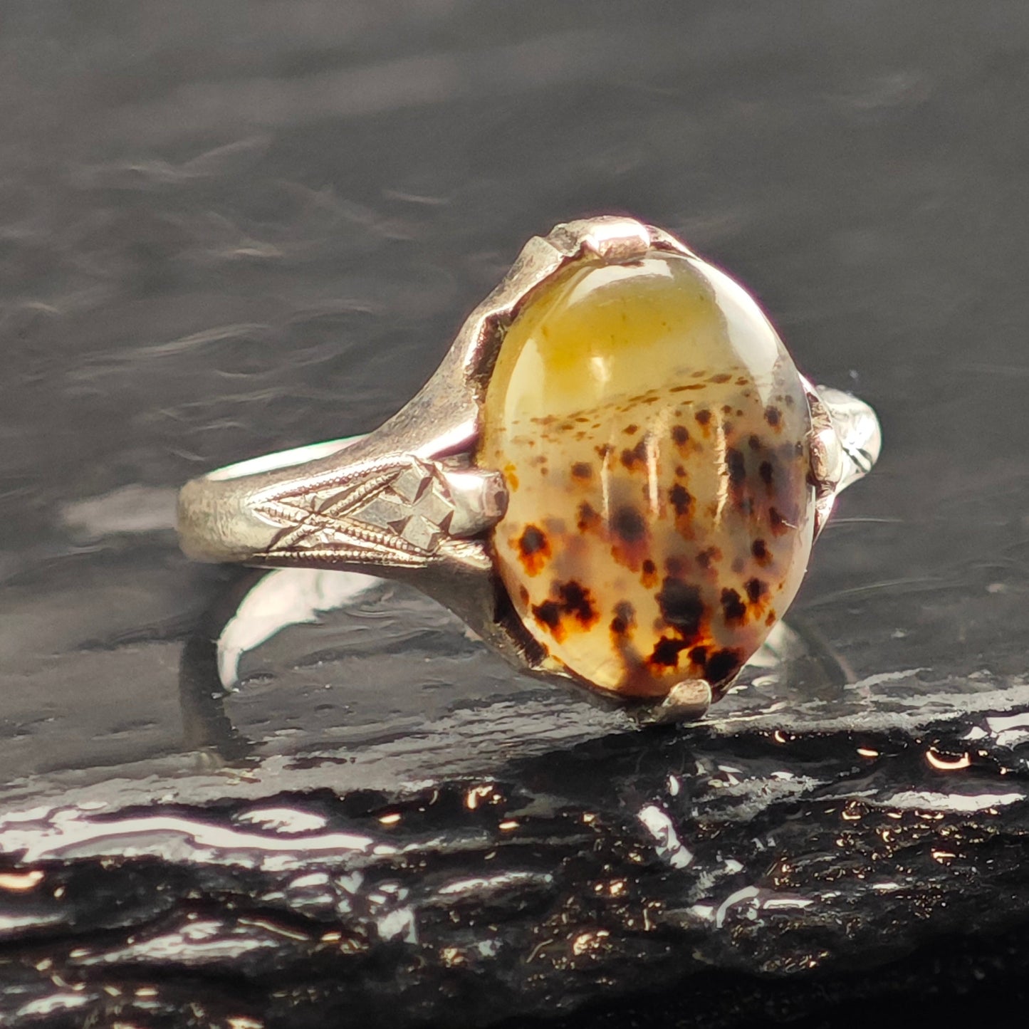 Art Nouveau Dendritic Agate Sterling Silver Ring Sz 6 1/2 R6523