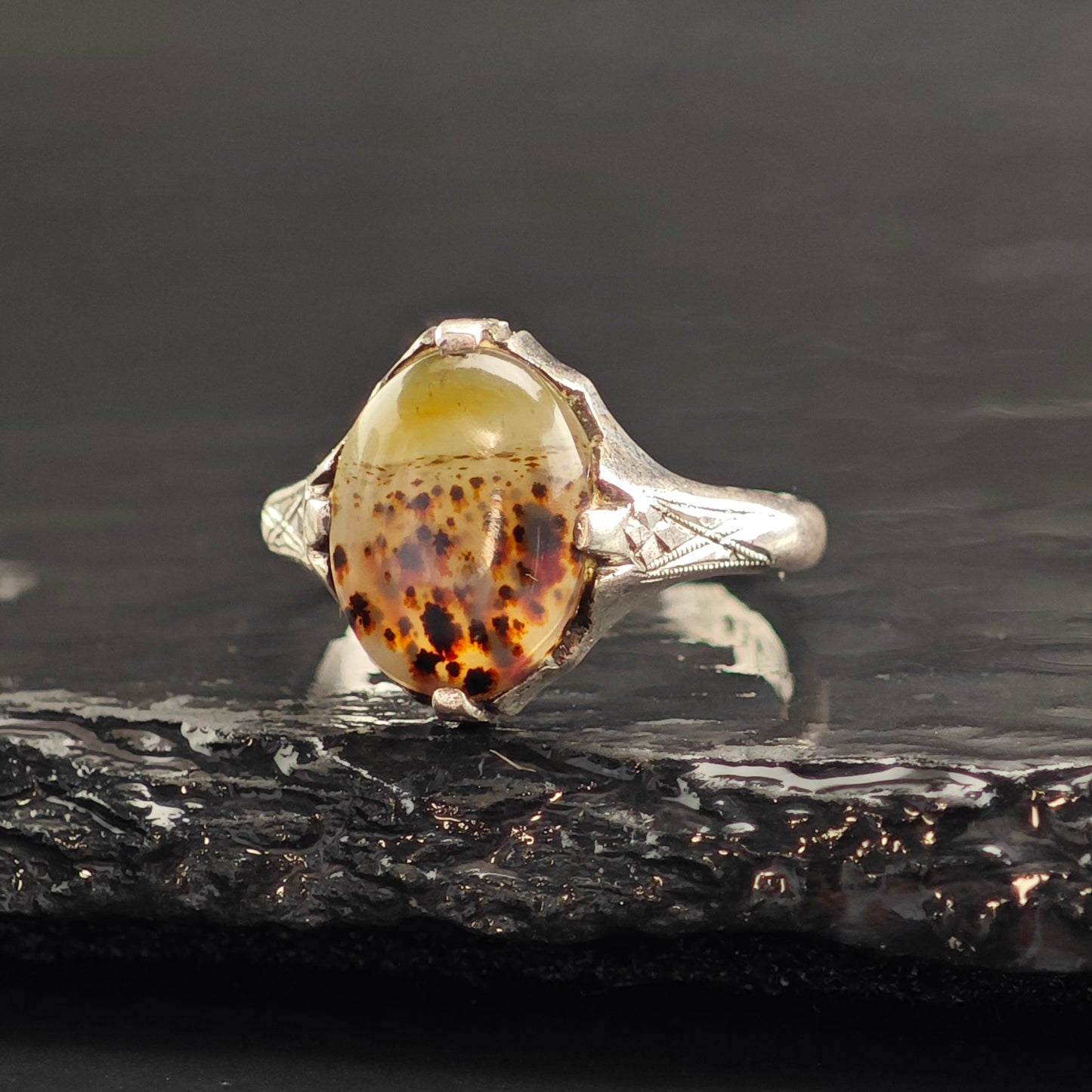 Art Nouveau Dendritic Agate Sterling Silver Ring Sz 6 1/2 R6523