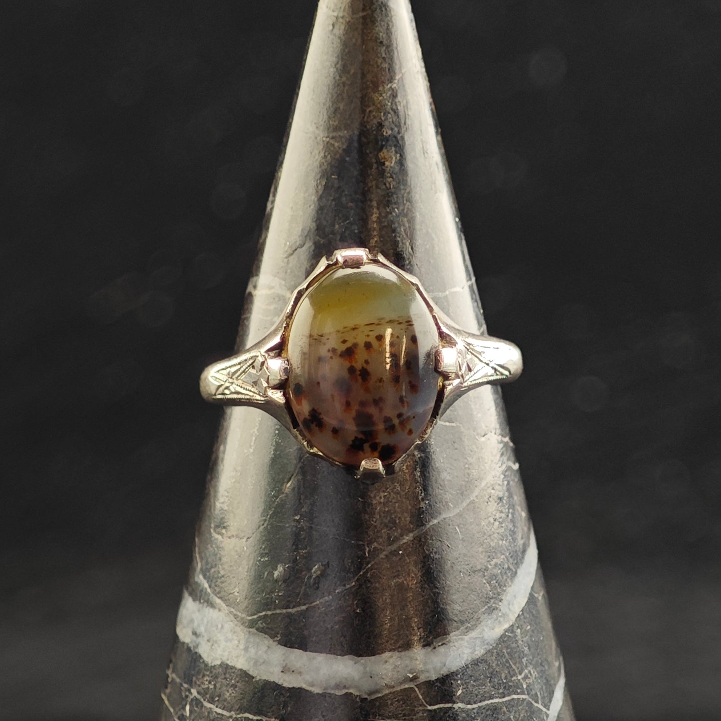 Art Nouveau Dendritic Agate Sterling Silver Ring Sz 6 1/2 R6523