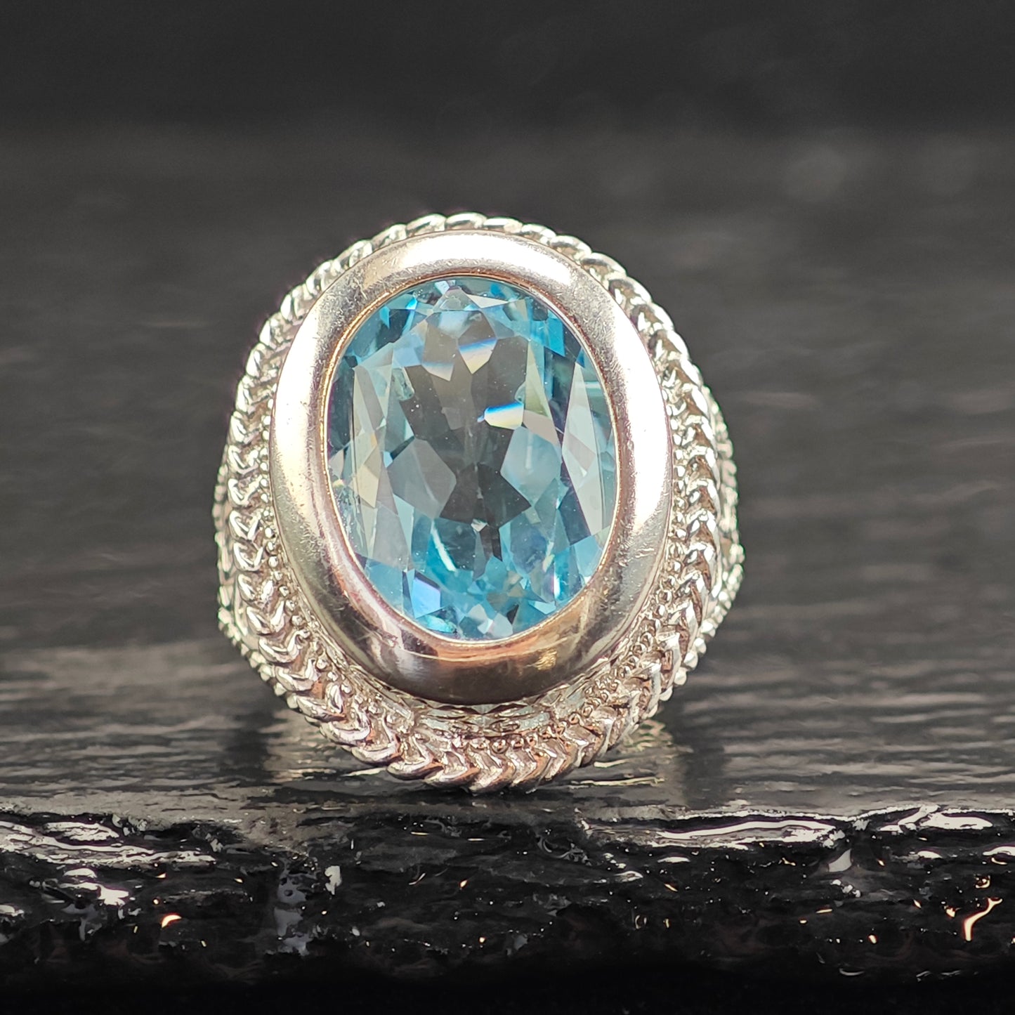 Oval Lab Topaz Filigree Sterling Silver Ring Sz 7 R6530