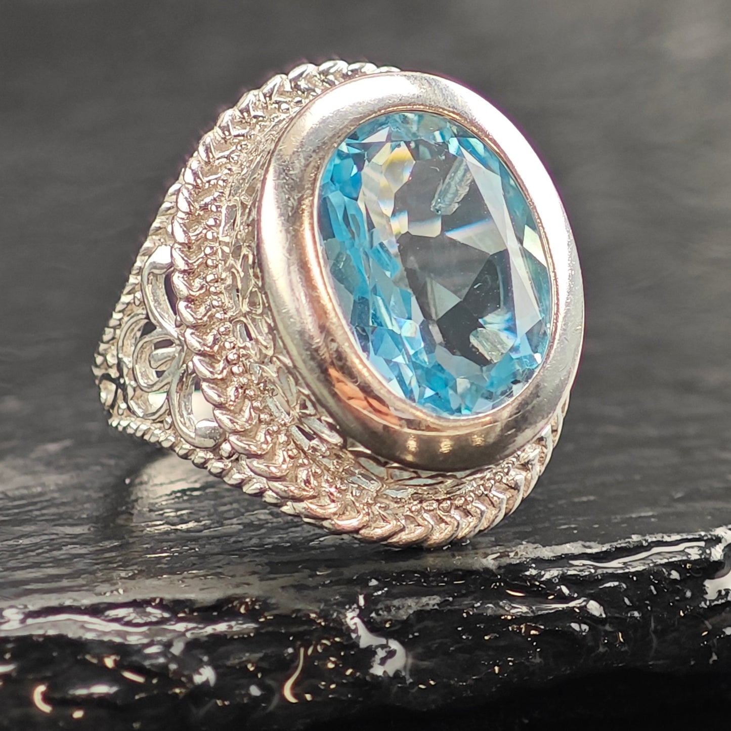 Oval Lab Topaz Filigree Sterling Silver Ring Sz 7 R6530