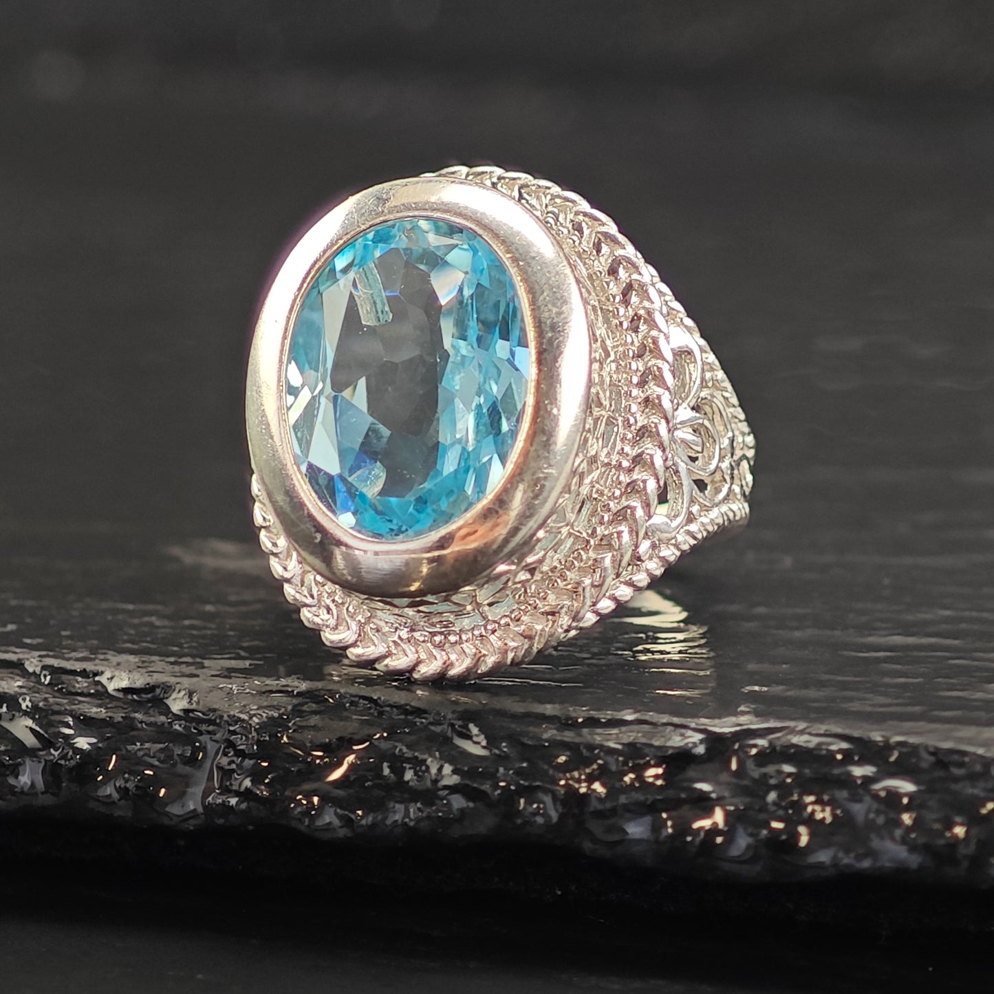 Oval Lab Topaz Filigree Sterling Silver Ring Sz 7 R6530