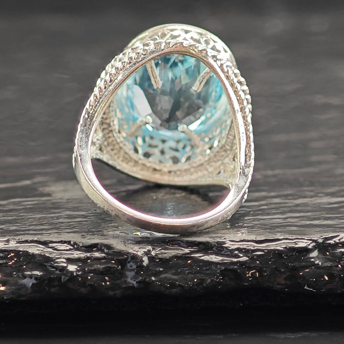 Oval Lab Topaz Filigree Sterling Silver Ring Sz 7 R6530