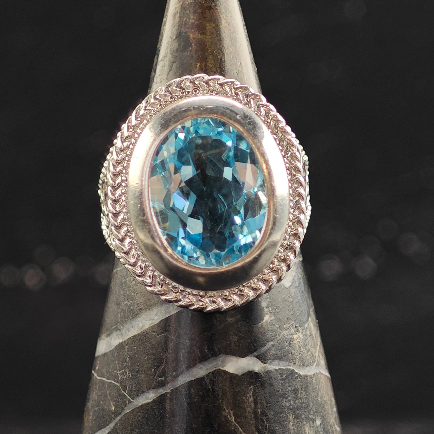 Oval Lab Topaz Filigree Sterling Silver Ring Sz 7 R6530